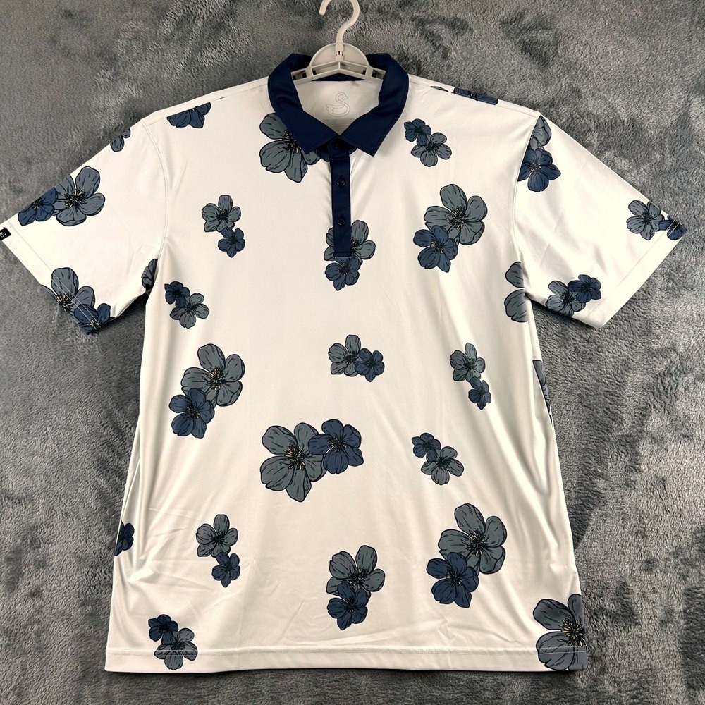 Swannies Golf Polo Shirt Mens XL White Navy Blue Floral Performance Short Sleeve